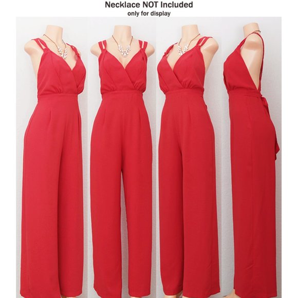 Red Crisscross Strap Backless Sexy V Neck Jumpsuit - Picture 7 of 9